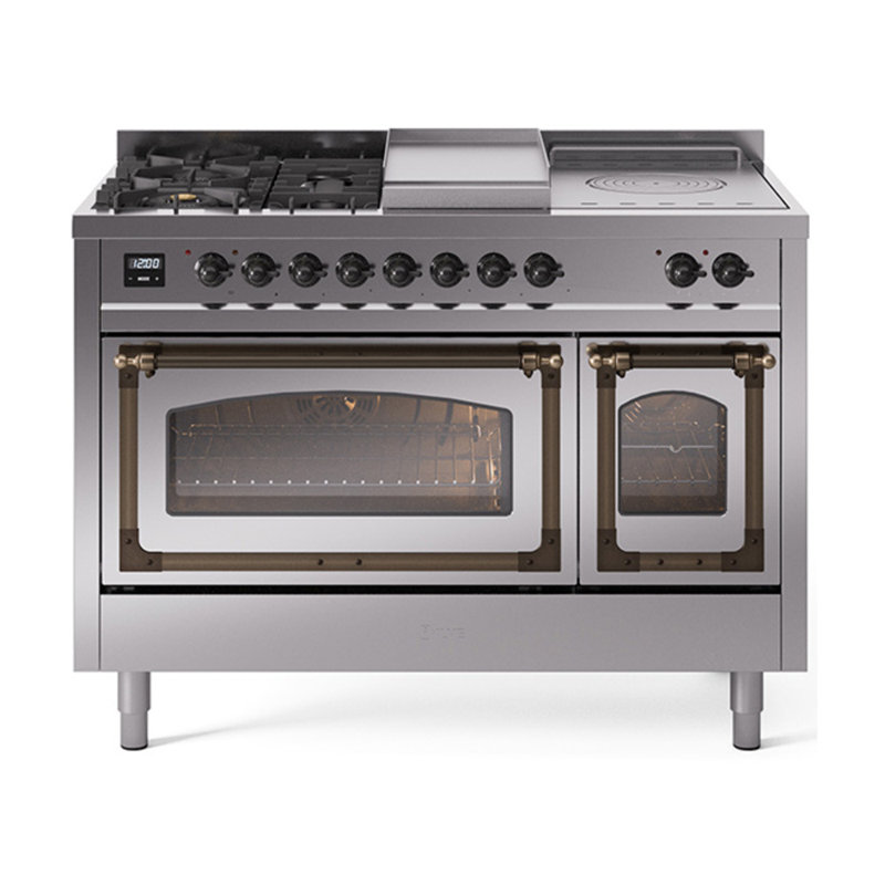 ILVE Nostalgie II Noblesse 48 inch Dual Fuel Range (5 Sealed Burners + Griddle + French Top, Triple Glass Door), Burgundy