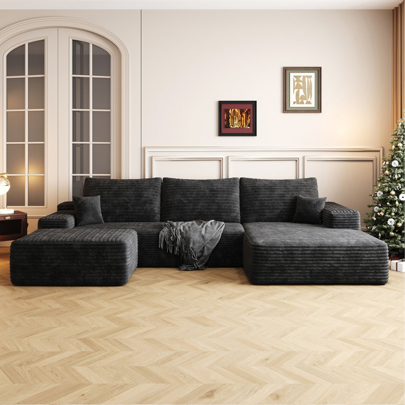 Canapé modulaire Boneless Cloud avec 1 repose-pieds, Noir, Orienté à droite, H 37,8 po x l 135 po x P 69,7 po