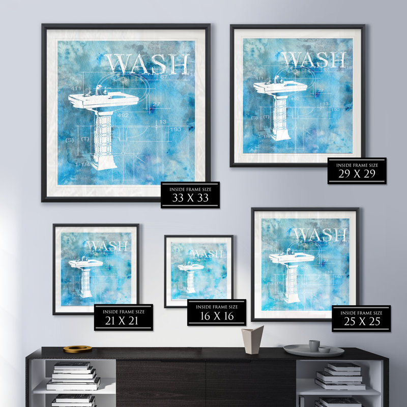 Bath Plans II - Matted and Framed Under Acrylic Glass, Large Living Room Wall Art, 30.5" H x 30.5" W x 1.5" D