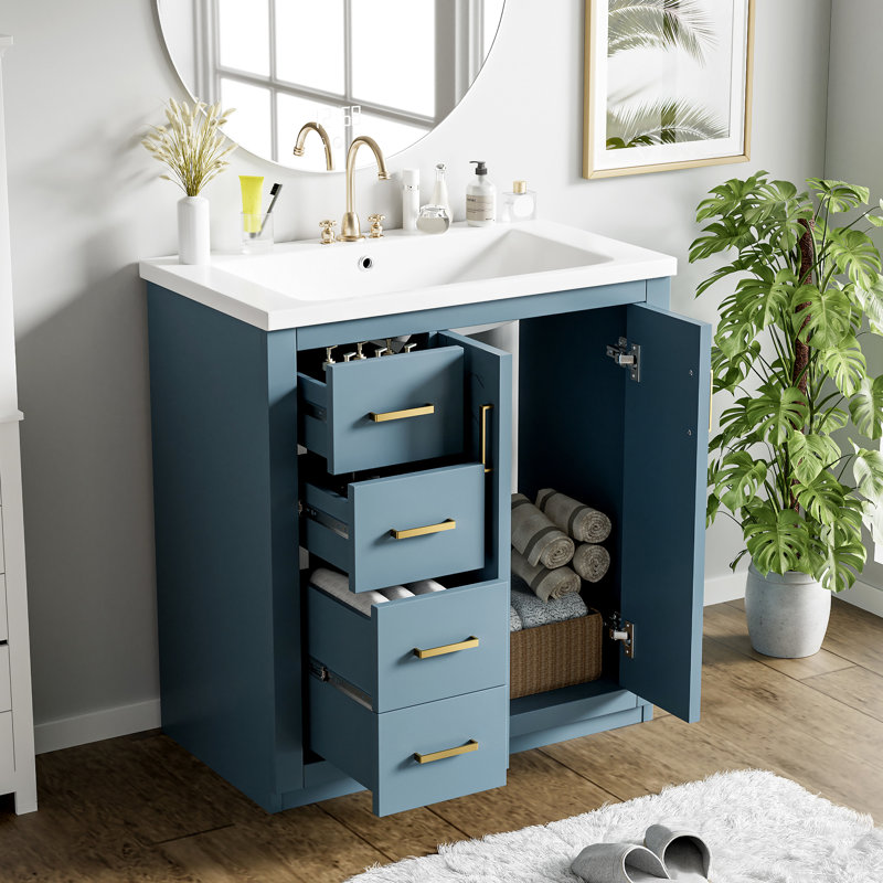 Meuble-lavabo en céramique 30 po. Structure et bois massif. Luminaire. Fabrication d'accessoires indigo., Indigo