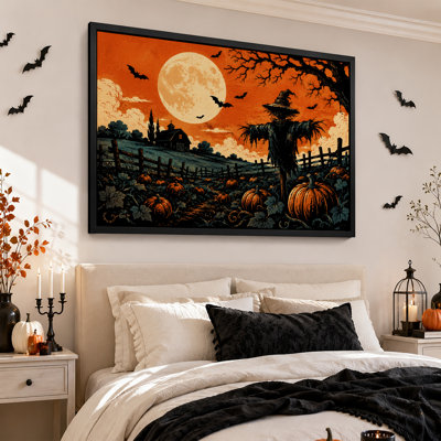 Tableau sur toile représentant un champ de citrouilles orange avec épouvantail et pleine lune pour l'Halloween