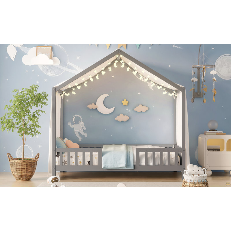 Lit de sol avec baldaquin Montessori, structure de lit simple, Gris, Lit simple