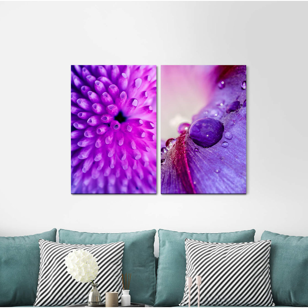 2-tlg. Leinwandbilder-Set - Fotografie „Coral Water Drops Raindrops Violet Flowers”