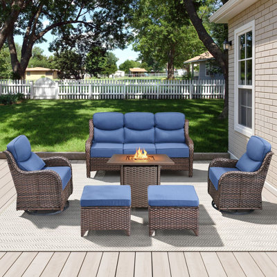 5-7 Person Outdoor Wicker Family Party Conversation Set With Sofa, Swivel Rockers, Ottoman and Fire Pit