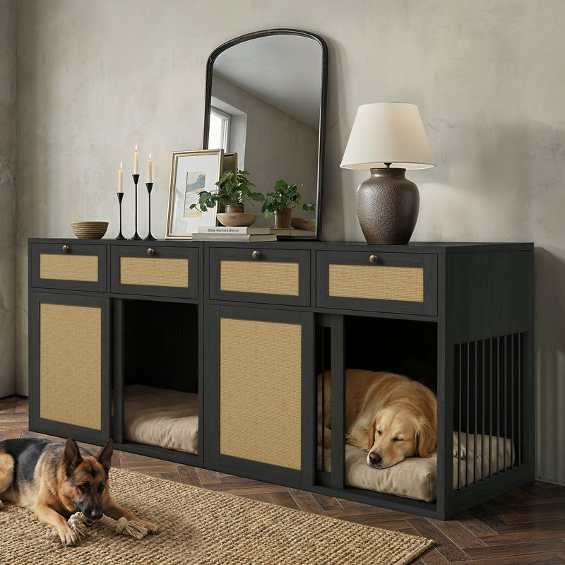 Meuble cage pour chien Delka Farmhouse avec 2 tiroirs, loquet caché et table de bout (ensemble de 2), Noir, Left - Door Open