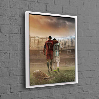 Toile de coton artistique vibrante avec des étoiles de football Lionel Messi et Cristiano Ronaldo, décoration murale parfaite pour le sport