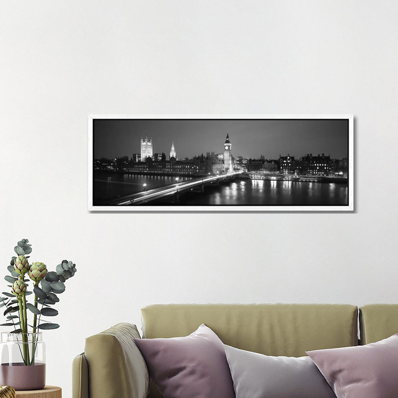 England, London, Parliament, Big Ben (black & White) by Panoramic Images - Floater Frame Panoramic Gallery-Wrapped Canvas Giclée on Canvas