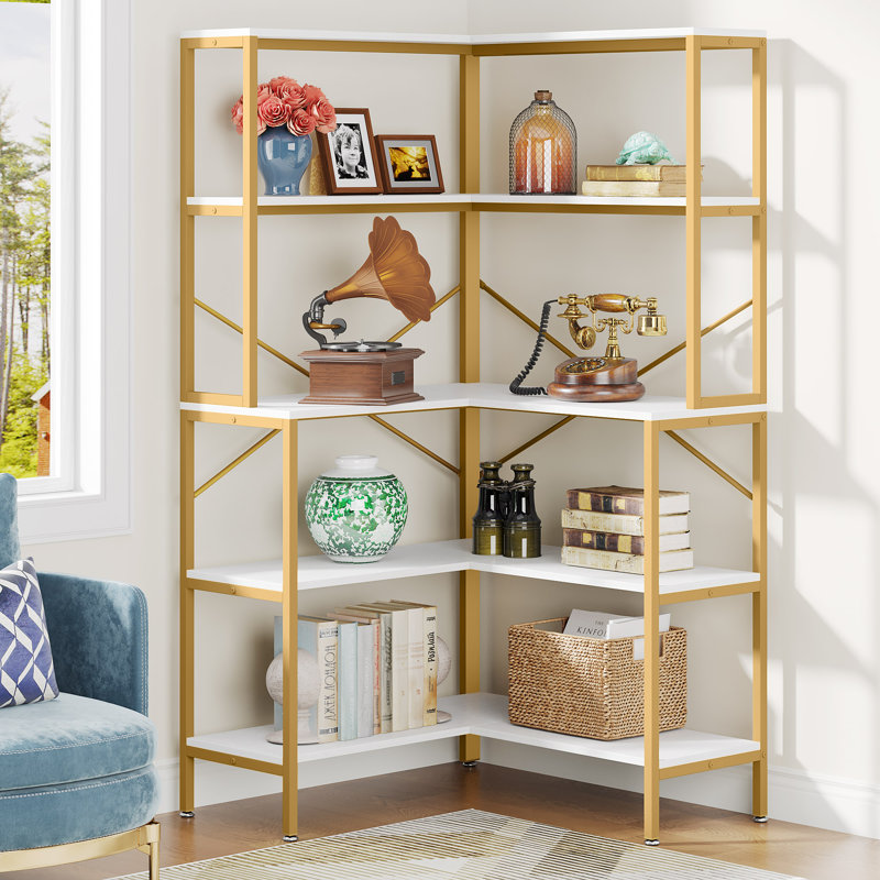 Bibliothèque en coin H 67,3 "x l 31,5", Blanc / Doré