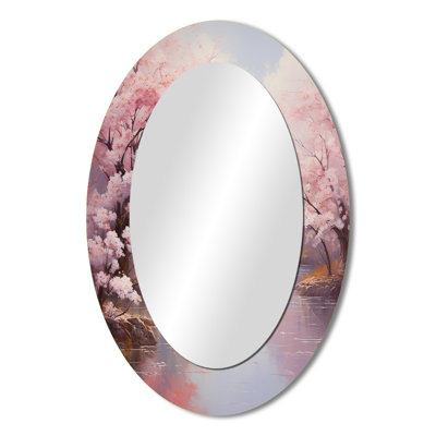 Pink Cherry Blossom Romantic Impression IV - Large Oval Wall Mirror On Metal
