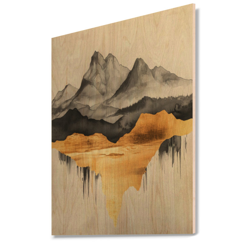 Décoration murale arquée en bois Mountain Mirage in Ink and Gold I, 40" H x 30" W, Rectangulaire