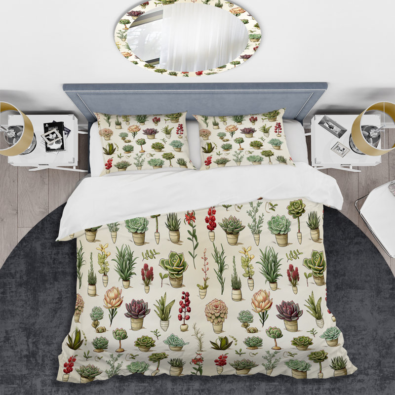 Literie Minimalist Succulents III, Housse de couette pour grand lit et 2 taies décor