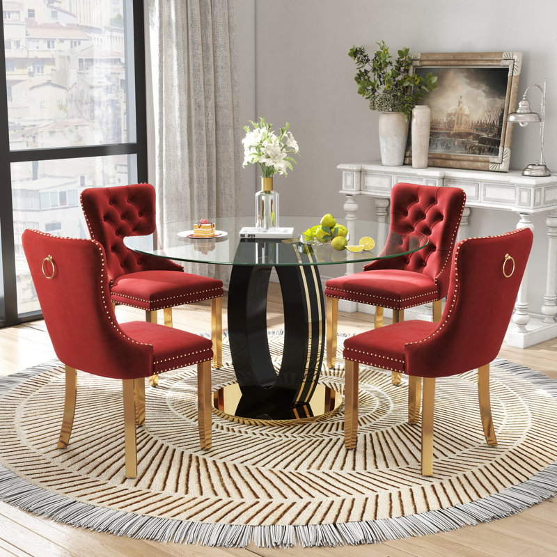 Ensemble de table de salle à manger haute brillance ronde avec 4 chaises de salle à manger en velours, Rouge, Noir et or