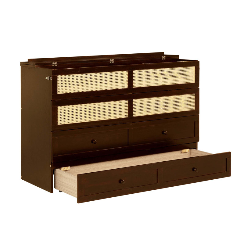 Lit escamotable, armoire en bois de pin avec décoration en rotin et tiroir de rangement pour une utilisation efficace de l'espace