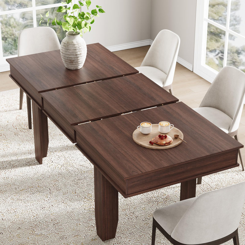 Extendable Dining Room Table for 6-10, Farmhouse Kitchen Tables with Wooden Sturdy Frame, Brown