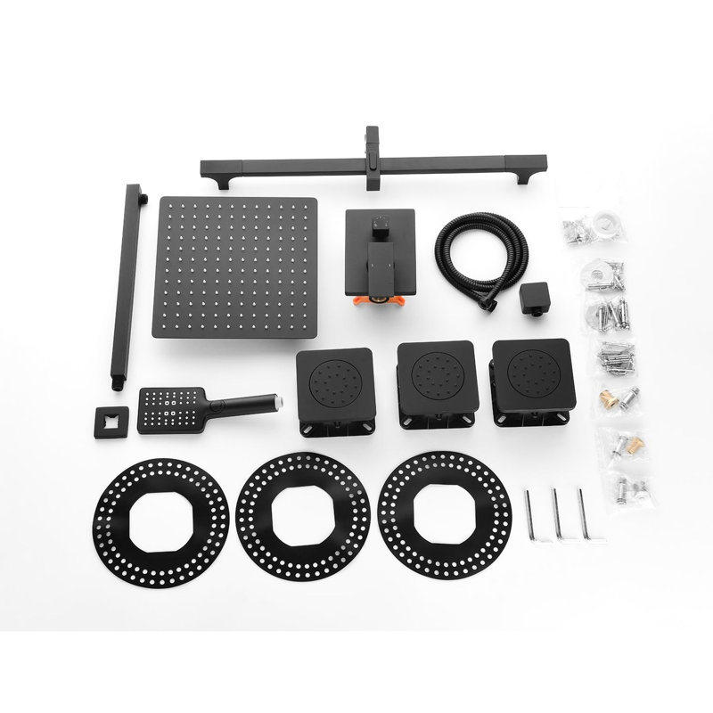 Système de douche noir mat avec fonctions efficaces et polyvalentes: tête, douche à main, barre coulissante, jets de corps, bras, boyau, garniture de valve Caractéristiques de la salle de bain: