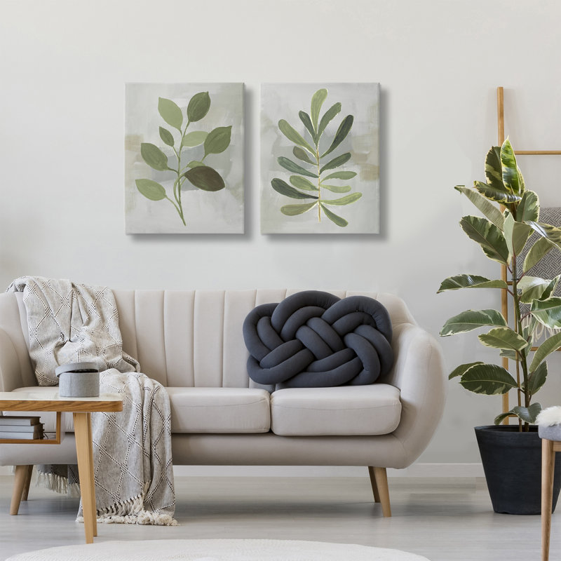 Ensemble de 2 feuilles sur fond gris Green Leaf Branches, design par Lanie Loreth, H 20 po x l 16 po