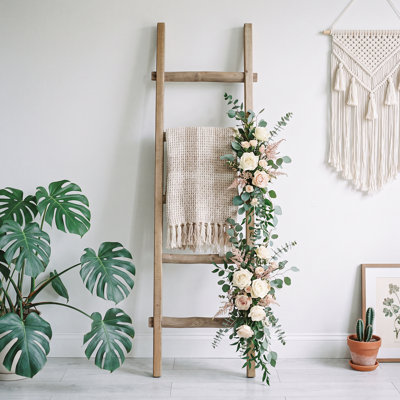 Wooden Blanket Ladder, 57" Natural Wood Leaning Quilt Rack for Bedroom, Bathroom, Living Room