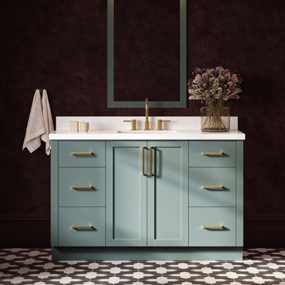 55 Inch Single Rectangle Sink Bathroom Vanity with Pure White Quartz Countertop 1.5 Inch in Vintage Green