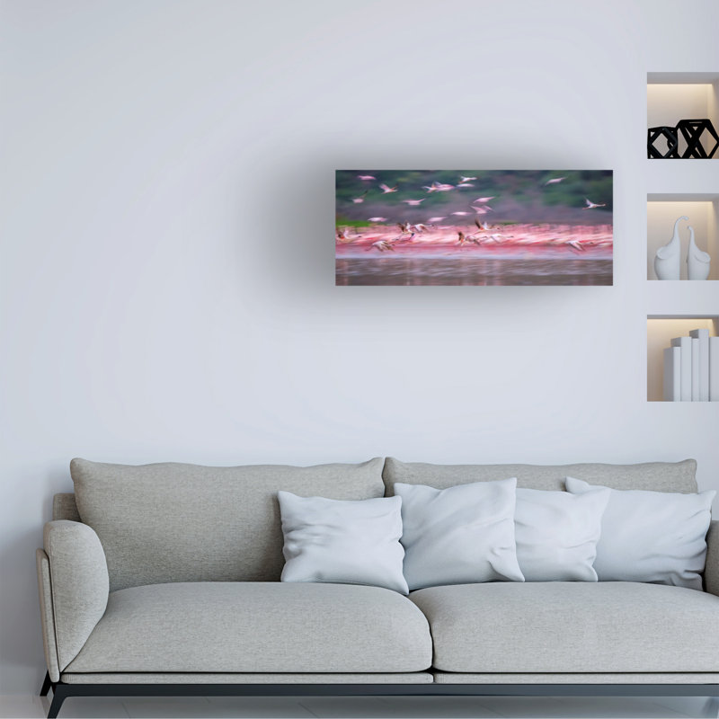 Art sur toile, flamants roses dans l'aube, H 14 po x l 32 po