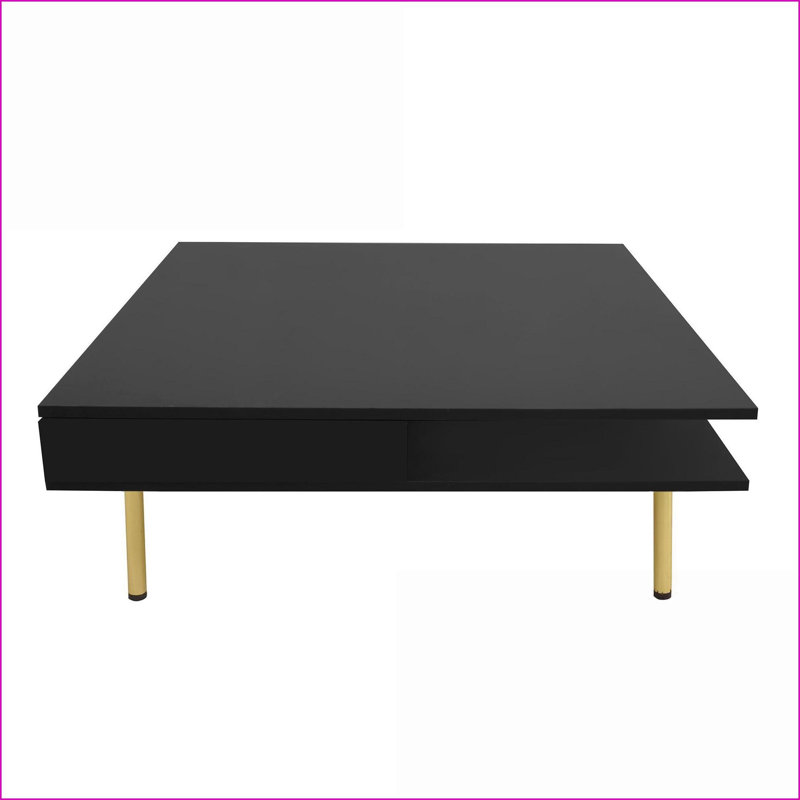 Table basse noire moderne avec pieds dorés et amp; 2 tiroirs pour le salon, solution de rangement facile à nettoyer à 2 niveaux