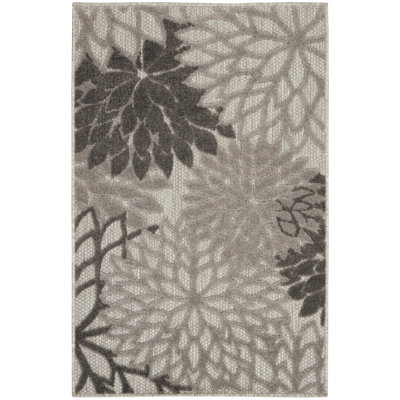 3' X 5' Gray Floral Stain Resistant Non Skid Indoor Outdoor Area Rug