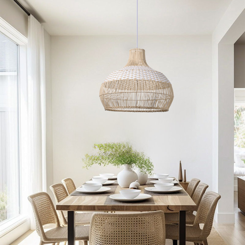 Calpella -Natural and White Rattan Light Pendant, 21.65" H x 21.65" W x 21.65" D