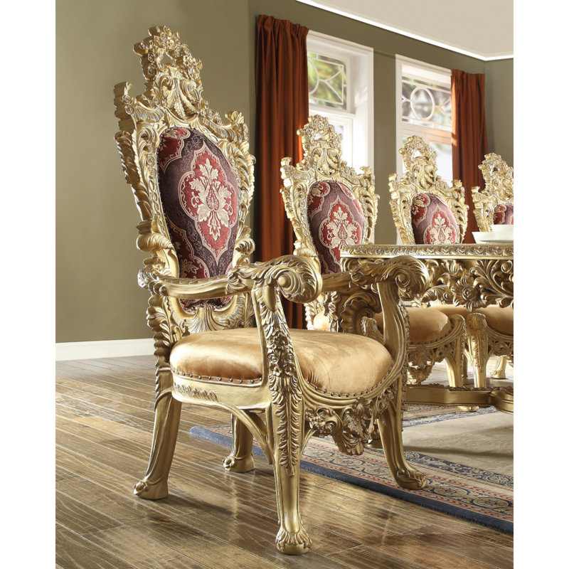 Metallic Gold Carved Wood Arm Chair Burgundy Silk Chenille Dining Throne Chair