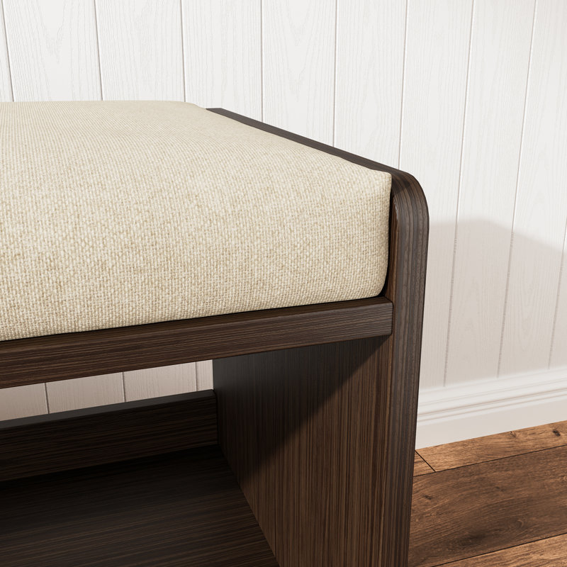 Linen Upholstered Storage Bench With Solid Wood Leg, Brown