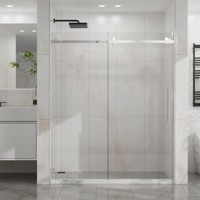 Porte de douche sans cadre, porte coulissante silencieuse en verre l 60 po x H 72 po, verre trempé transparent épais de 1/4 po (6 mm) avec revêtement facile à nettoyer, acier inoxydable 304 robuste, chrome