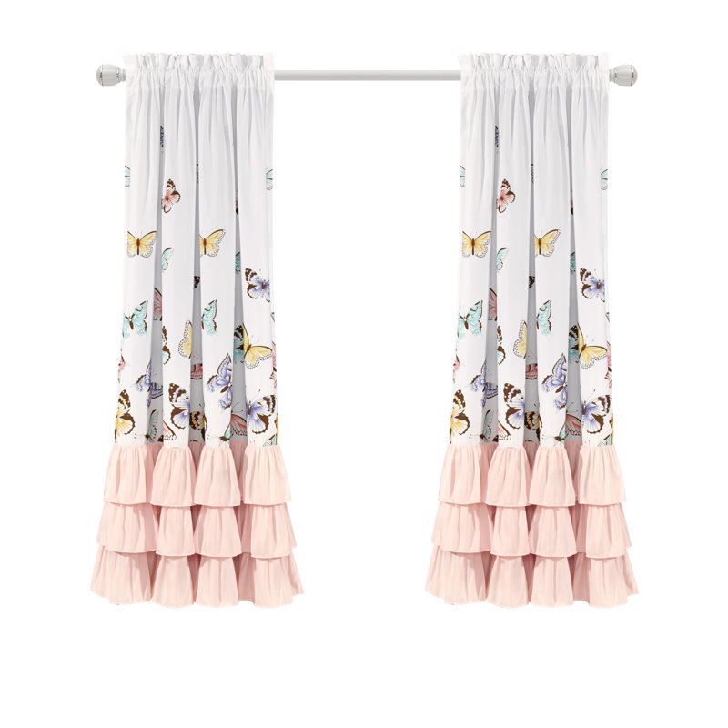 Flutter Butterfly Semi Sheer Curtain Pair, 52"W x 63"L, Pink/Yellow/Blue