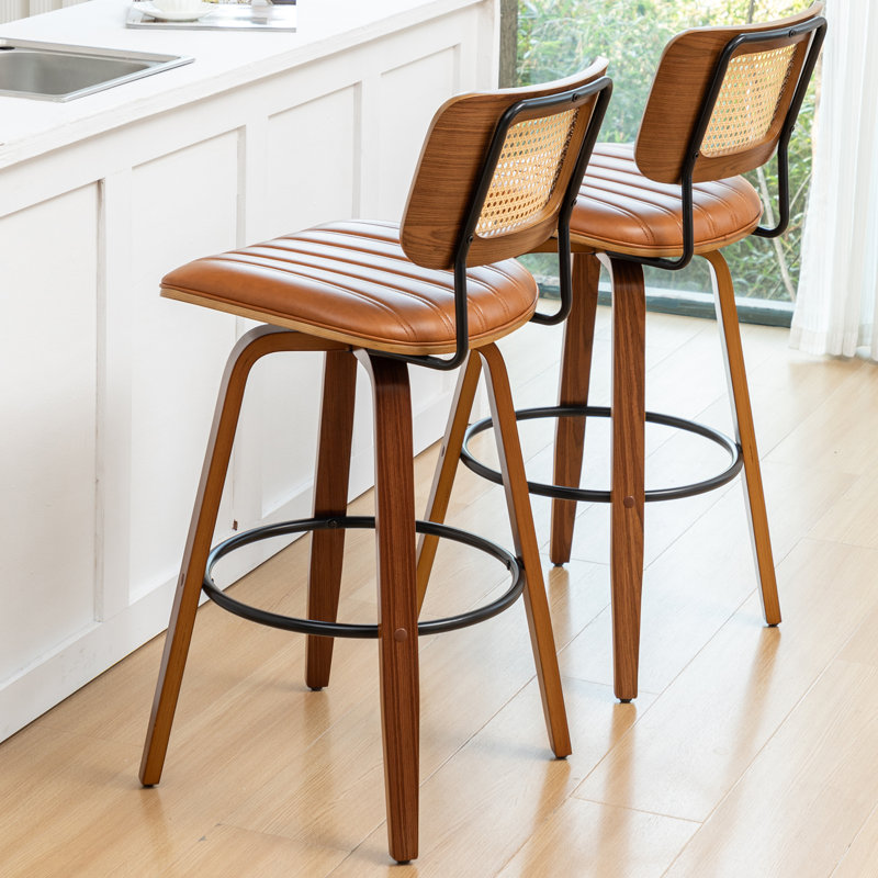 Valerie Wooden Rattan Faux Leather Bar Stools, Brown, Bar Stool (30.31" Seat Height)
