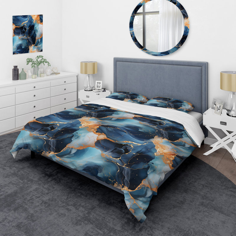 Literie en marbre bleu et doré, Housse de couette pour très grand lit et 2 très