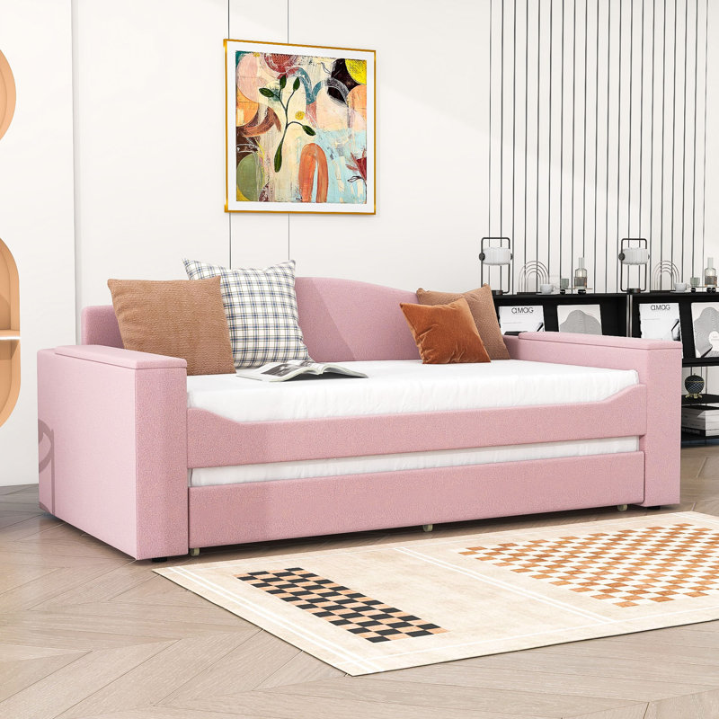 Wood Upholstered Daybed with Integrated Bluetooth Audio System, Storage Armrests and Trundle, Gray, Twin