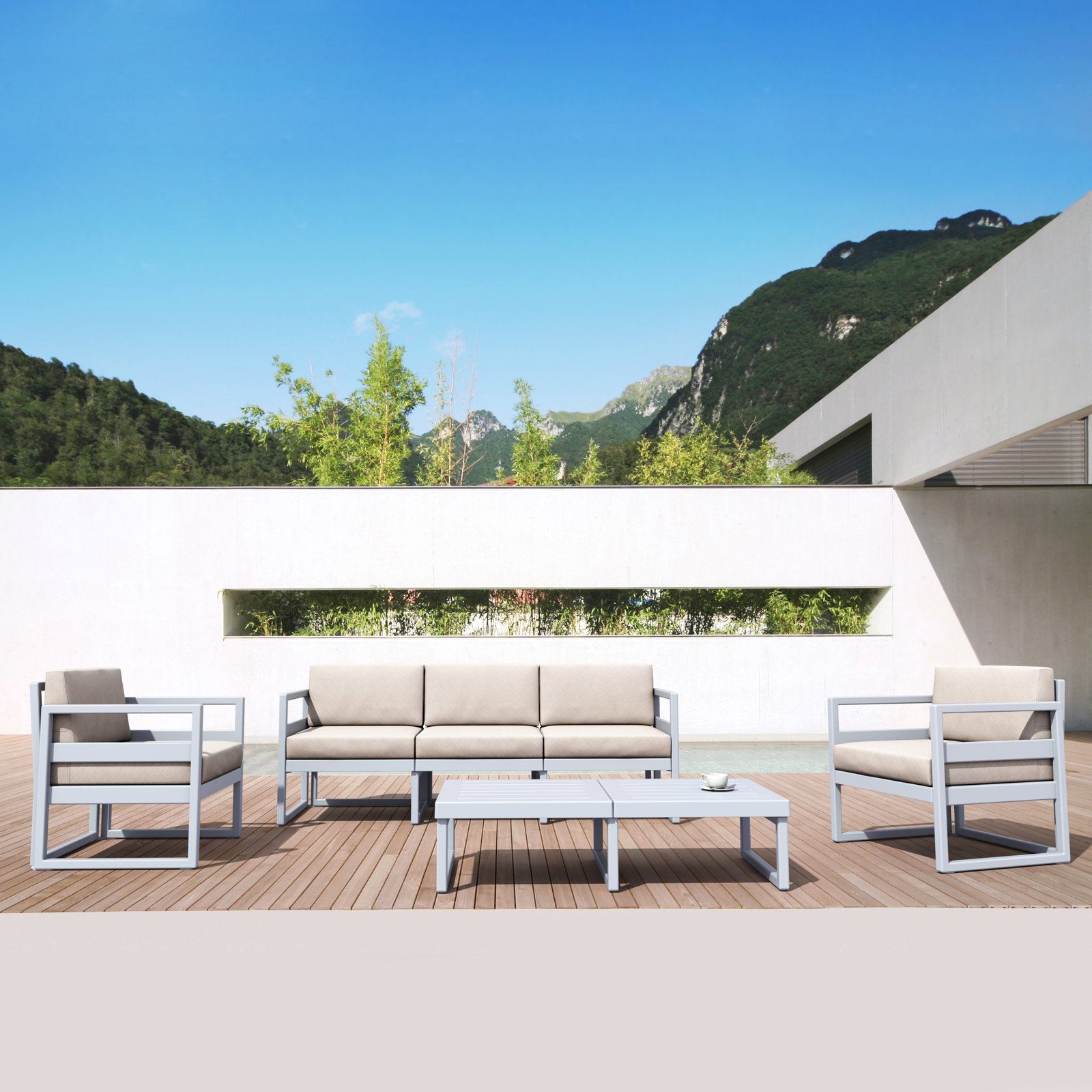 Lane 5 - Person Patio Conversation Set with Cushions, Silver/Gray, Canvas Flax Sunbrella® Canvas