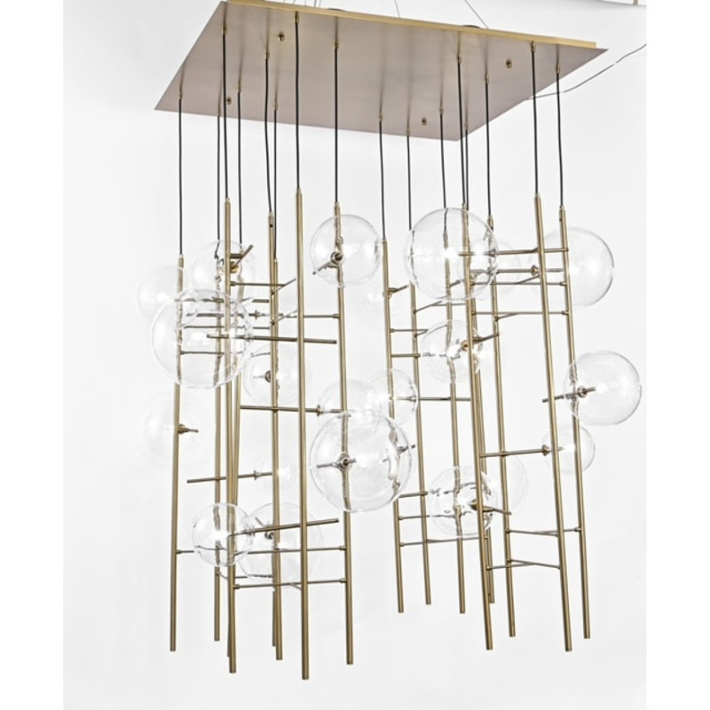 Lustre suspendu en laiton clair à intensité variable Alogena, Transparent, Nickel bruni, 46” Length x 46” Width x 91” Height