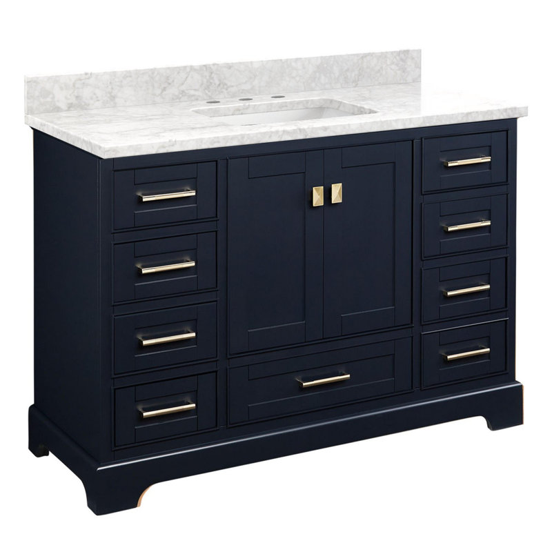 Quen 48" Freestanding Single Basin Vanity Set with Cabinet, Vanity Top, 8" Widespread, Midnight Navy Blue, Carrara Marble