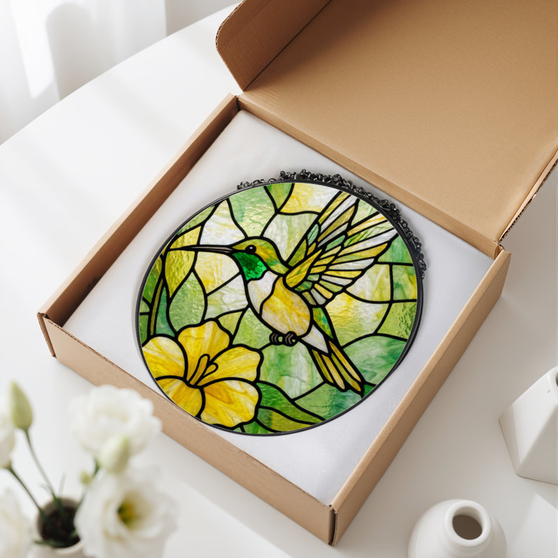 12"H Hummingbird Flower Stained Glass Window Panel, 12" H x 12" W