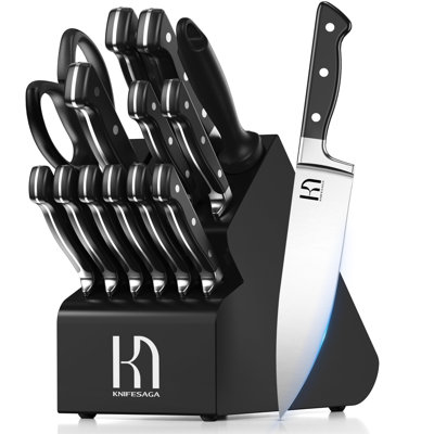 Knife Set, 15 Pcs Kitchen Knife Block Set, Enduring Razor-Sharp Japanese High Carbon Stainless Steel Chef Knife Set with Block and Sharpener, Premium Black Knives Set for Kitchen