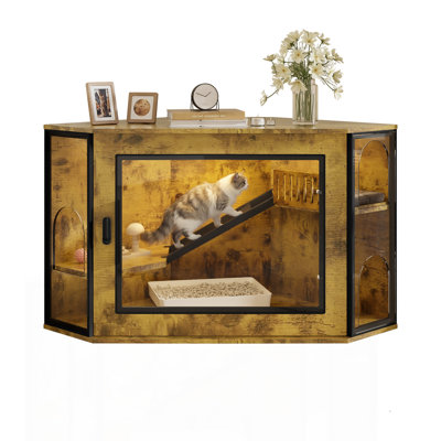 48" Corner Cat Litter Box Enclosure, Modern Hidden Litter Box Corner Cabinet With Acrylic Door And LED Light, Cat House With Playground And Stairs, Tiger