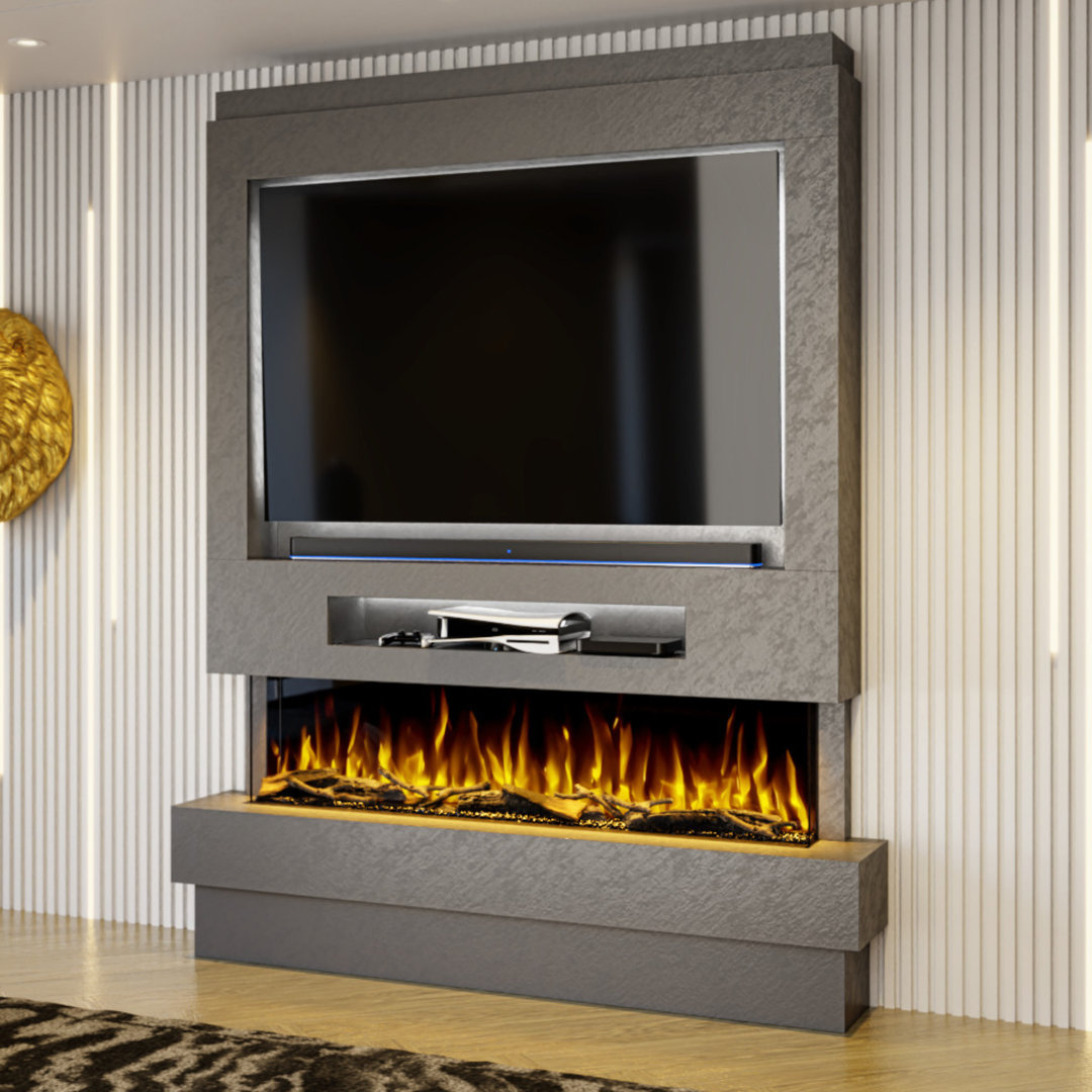Evolution Fires Pre-Built Media Wall Package 8, finished in textured Venetian Plaster, includes Spectrum Series 60 Series 3-Sided Electric Fireplace