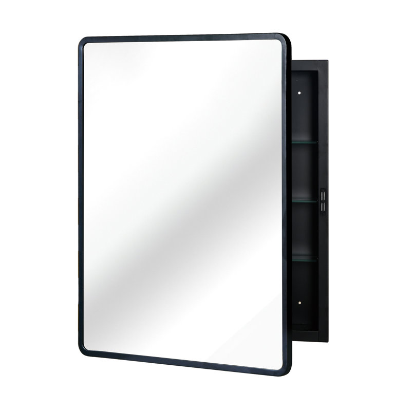 Armoire à miroir avec cadre en métal noir 24 x 30 pouces - pour fixation murale dans la salle de bain ou 3 tablettes réglables encastrées, intérieur en verre trempé avec cadre