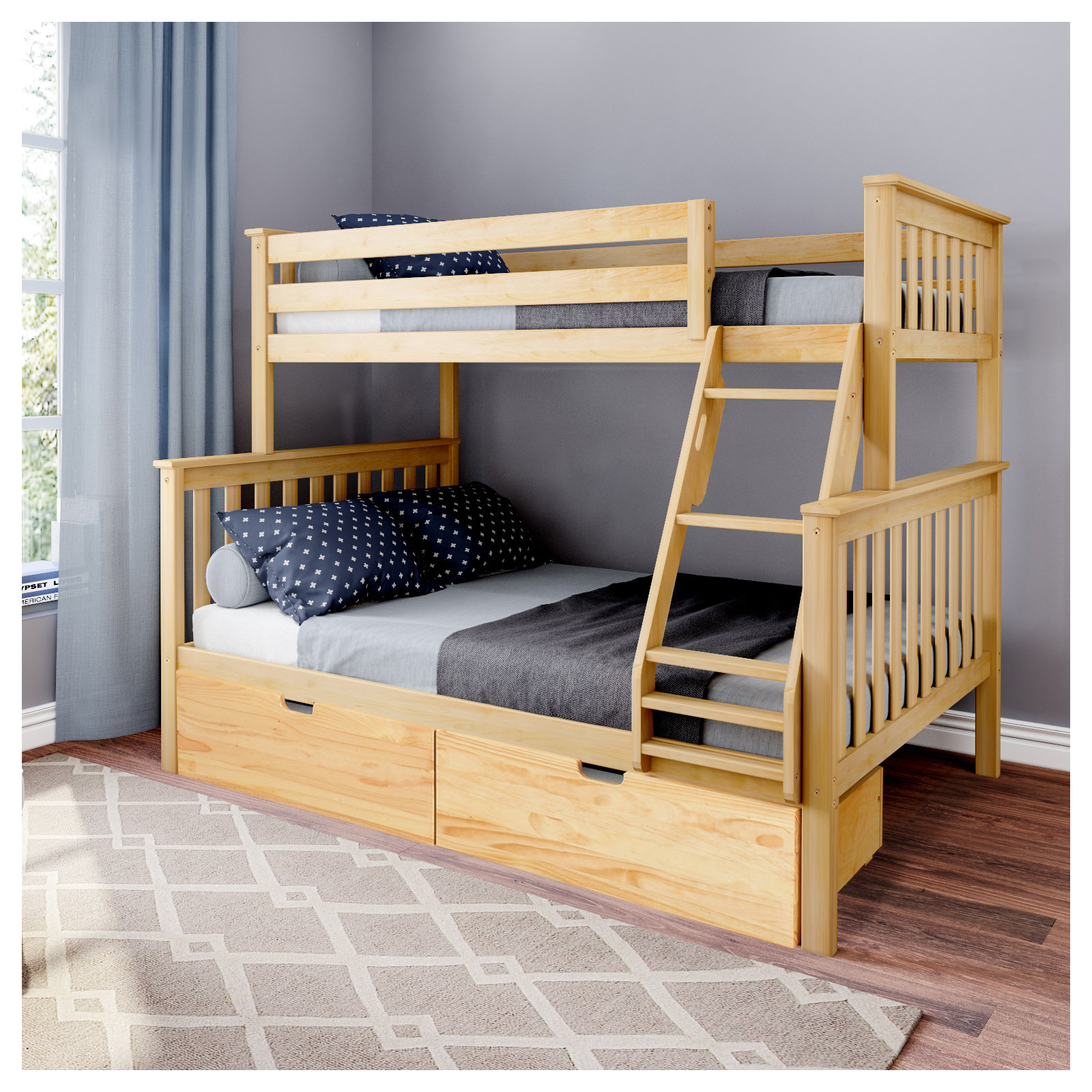 Bolles Kids Bunk Bed with Drawers, Twin over Full, Natural