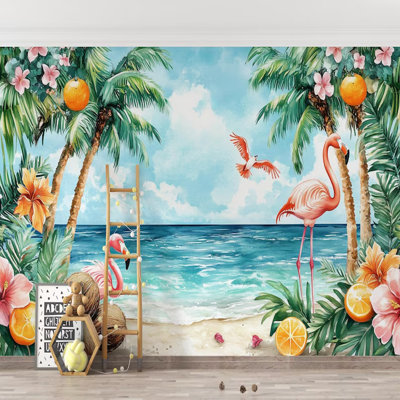 Tropical Flamingo Beach Wall Mural, Palm Tree Ocean Wallpaper With Flamingos And Citrus Accents, Coastal Paradise Art For Living Room Bedroom Office