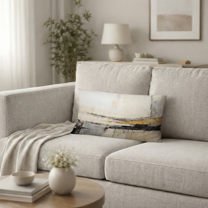 Coussin décoratif abstrait noir et beige, H 12 po x l 20 po