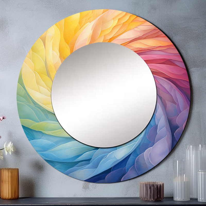 Raimbow Serenade Of Spirals I - miroir mural décoratif spirales abstraites, miroir rond moderne, impression sur métal