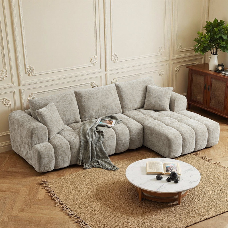 Luxury Chenille L-Shape Sectional Sofa, Dark Blue, 4-Seater Sleeper Couch, Minimalist Design, No Assembly, khaki