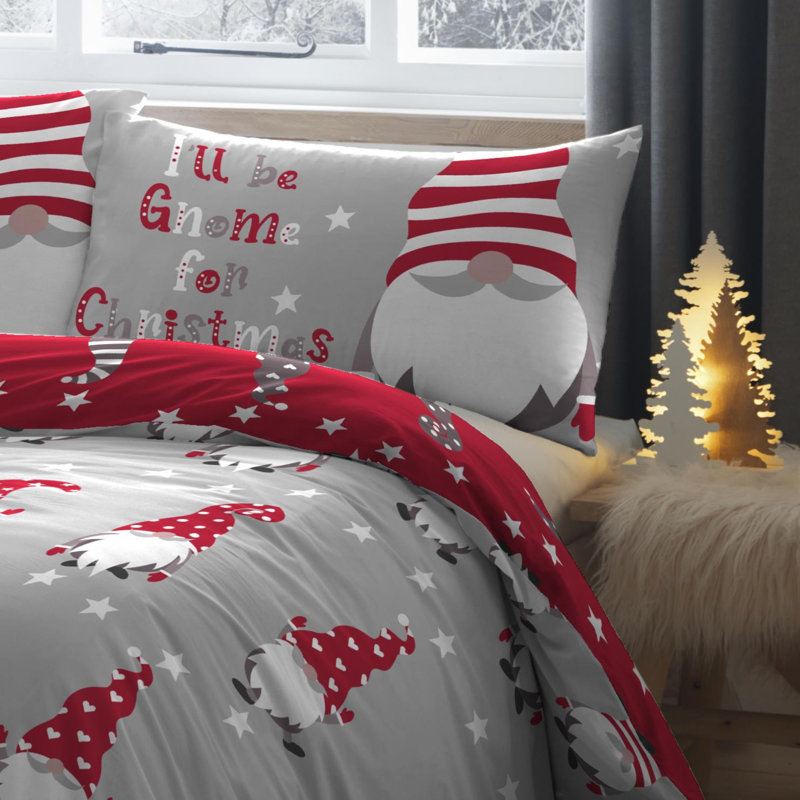 Gnome For Christmas Cotton Duvet Set, Single - 1 Standard Pillowcase, Silver