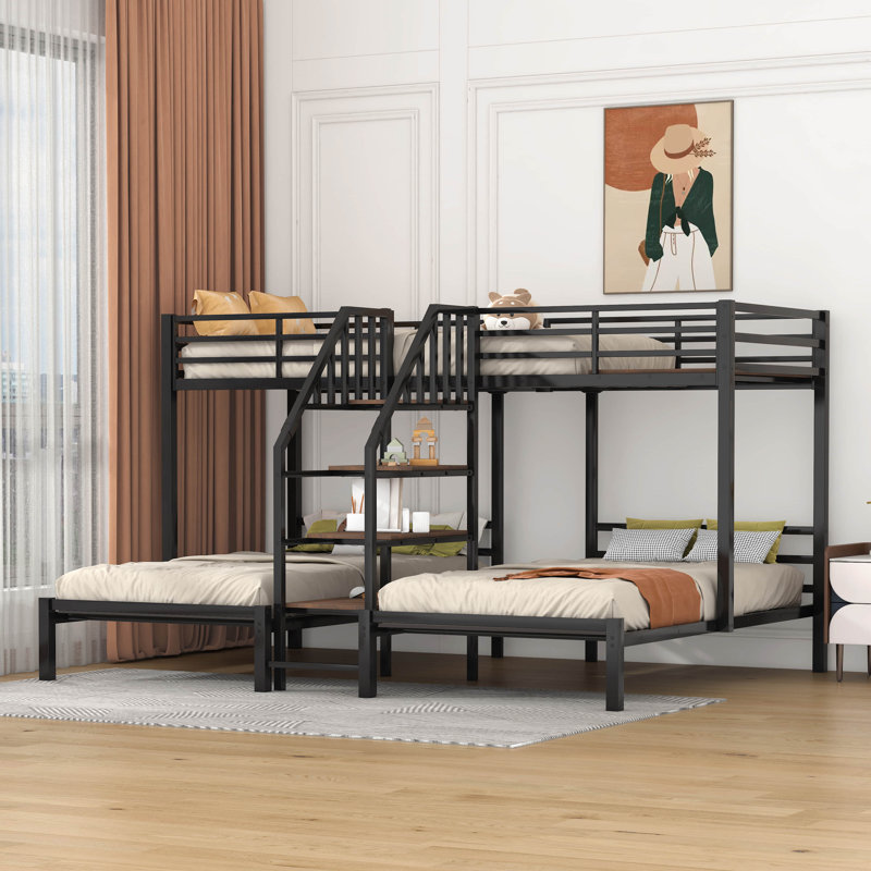 Edalene Twin Over Twin Over Twin Bunk Bed with Built-In Stairs, Black