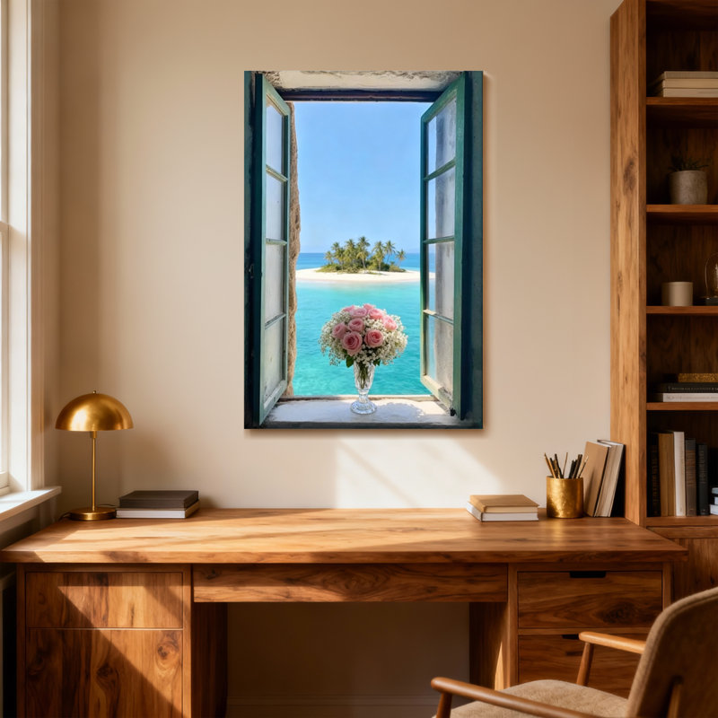 Paysage et nature Vue tropicale de l'île avec des roses dans un vase, H 48 po x l 32 po