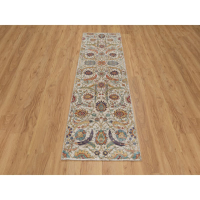 Tapis de couloir 2 pi 6 po x 8 pi 2 po blanc, motif faucille, moelleux et luxuriant, noué à la main, soie avec laine texturée, sans bordure, tapis oriental
